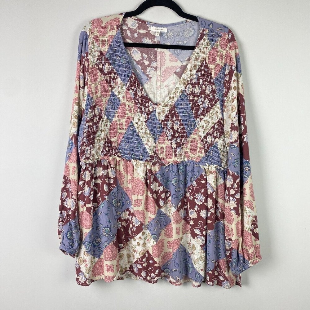 Maurices Patchwork Peplum Top Womens 2X Boho Floral Long Sleeve Smocked V Neck